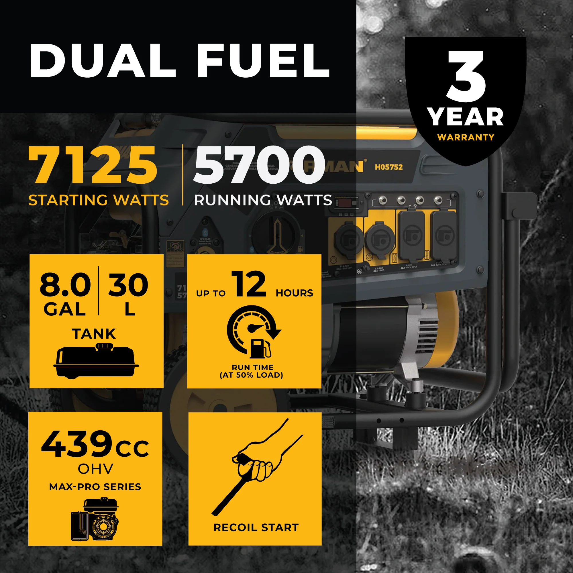 Dual Fuel 5700W Portable Generator Recoil Start 120/240V - Image 2