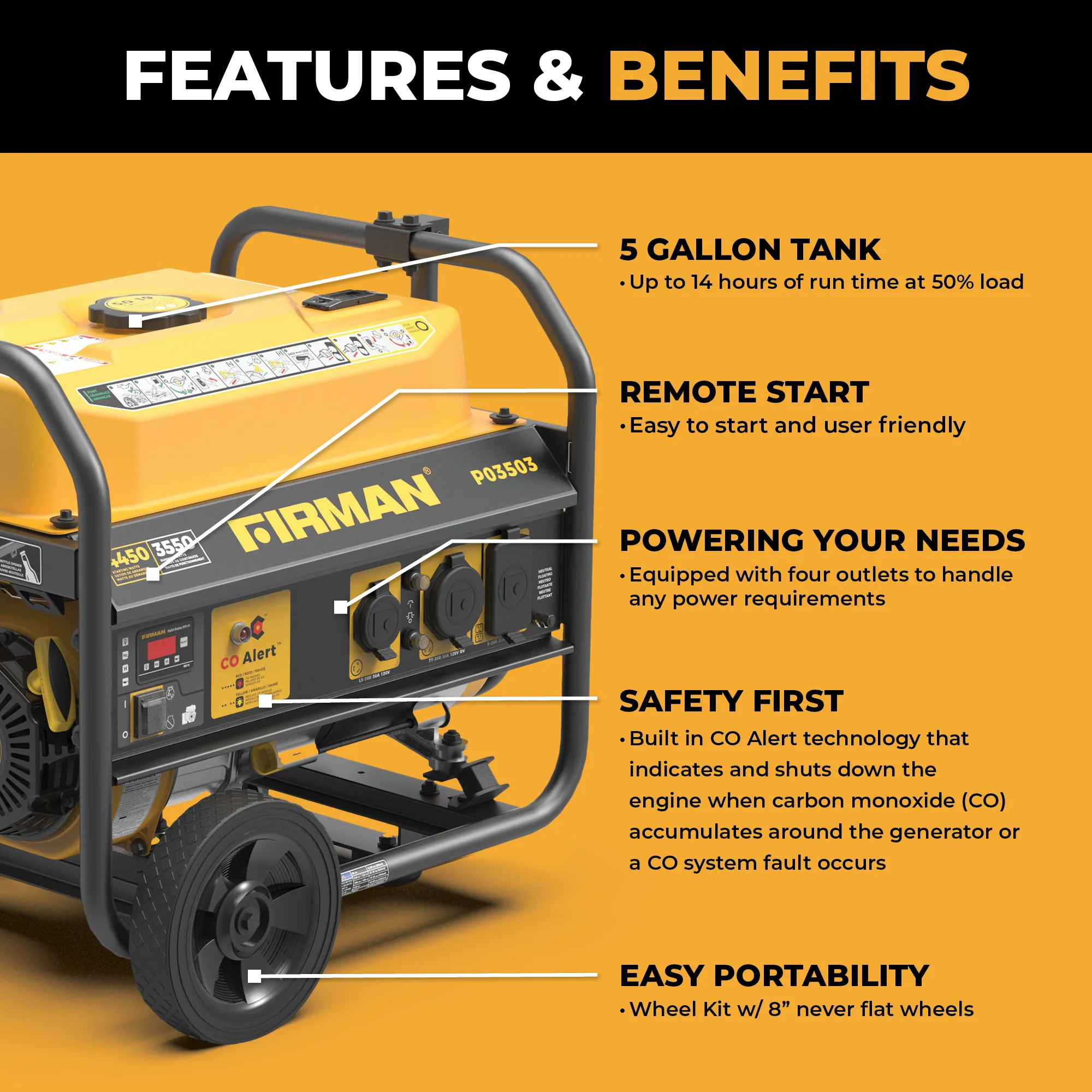 Gas Portable Generator 4450W Recoil Start 120V with CO alert - Image 2