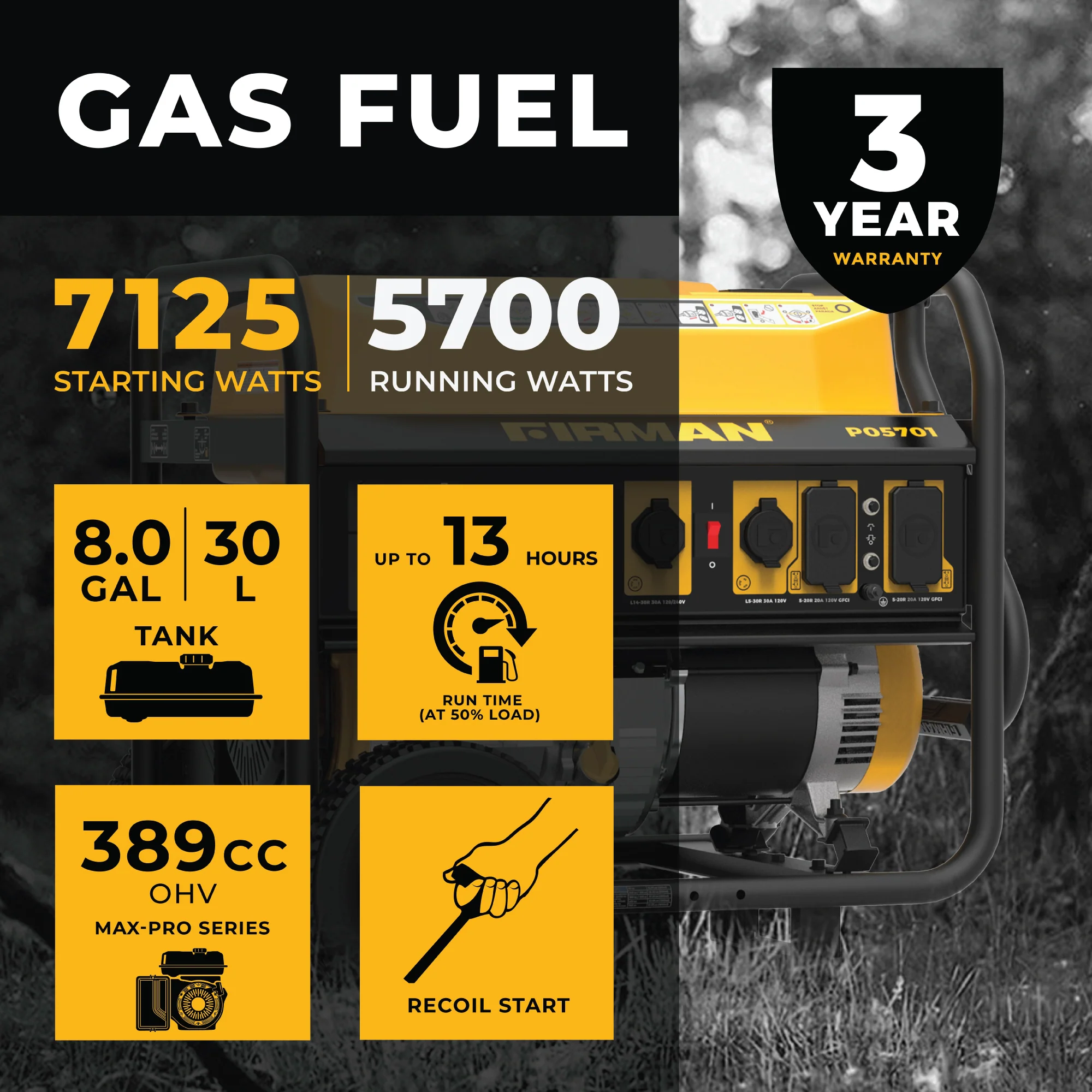 Gas Portable Generator 7125W Recoil Start 120/240V - Image 2