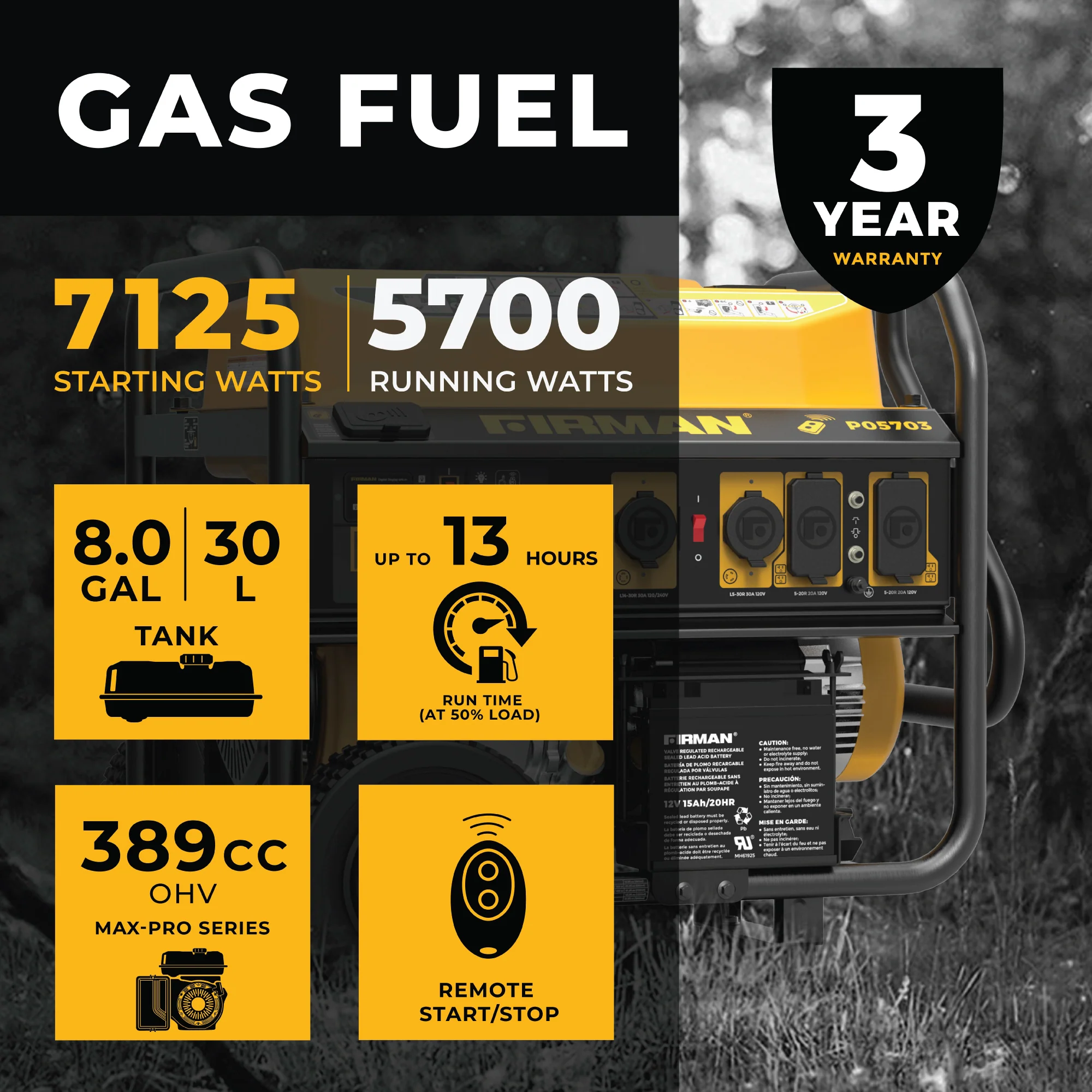 Gas Portable Generator 7125W Remote Start 120/240V - Image 2