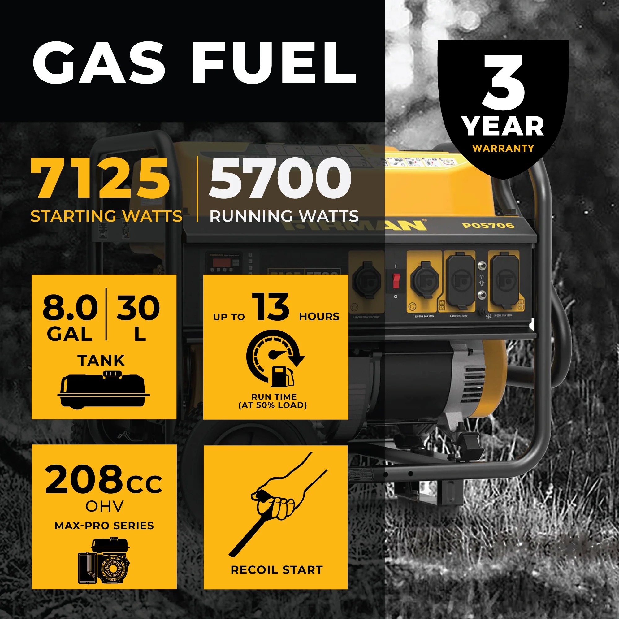 Gas Portable Generator 7125W Recoil Start 120/240V - Image 2