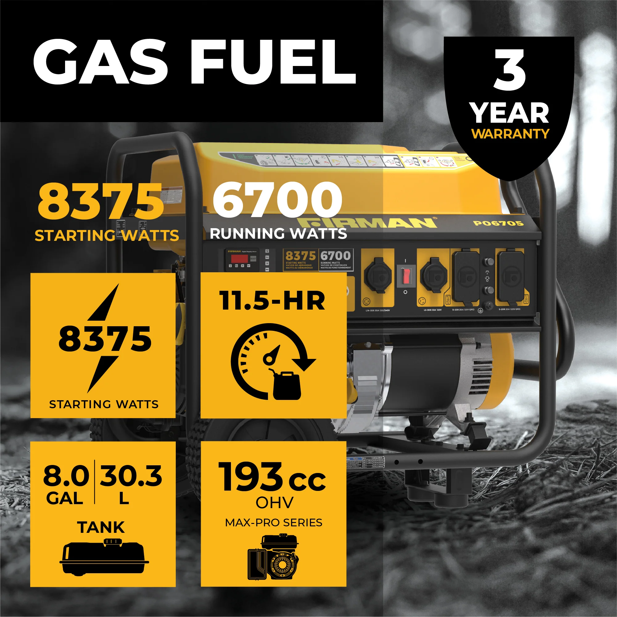 Gas Portable Generator 8375W Recoil Start 120/240V With CO Alert - Image 2