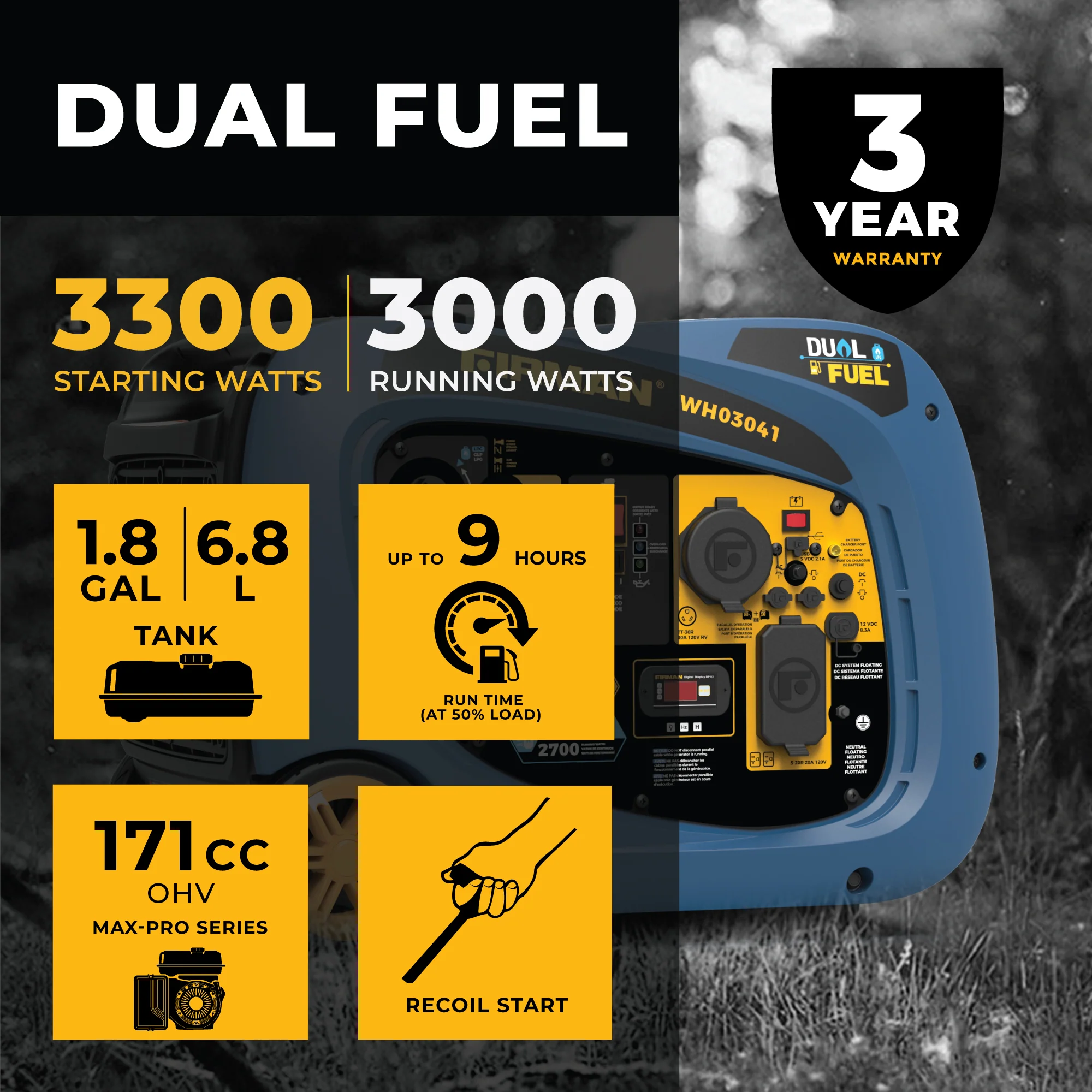 Dual Fuel Inverter Portable Generator 3300W Recoil Start - Image 2